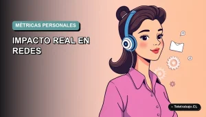 Ilustración plana corporativa de mujer profesional de teletrabajo junto a gráficos abstractos de métricas, fondo degradado azul verdoso.