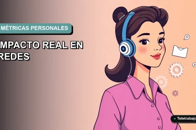 Ilustración plana corporativa de mujer profesional de teletrabajo junto a gráficos abstractos de métricas, fondo degradado azul verdoso.