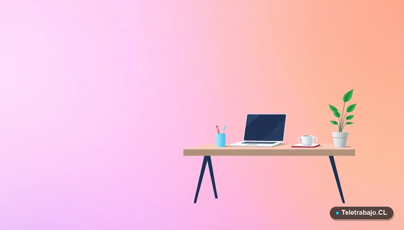 Escritorio moderno minimalista para teletrabajo con laptop y plantas, fondo degradado lila y durazno, concepto de espacio de trabajo limpio.