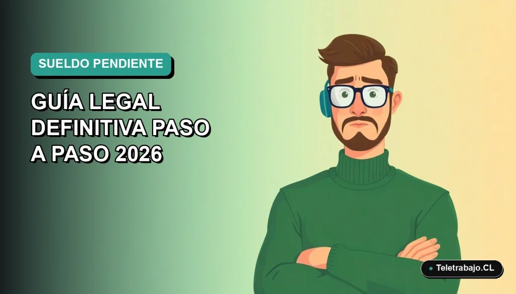 Ilustración vectorial plana de un trabajador hombre con suéter verde mirando a la izquierda, fondo degradado azul verdoso, sobre problemas de pago de sueldo en Chile.