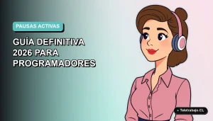 Ilustración plana vectorial de una mujer programadora teletrabajando en Chile, con fondo degradado azul verdoso. Representa una pausa activa frente al computador.