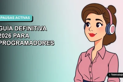 Ilustración plana vectorial de una mujer programadora teletrabajando en Chile, con fondo degradado azul verdoso. Representa una pausa activa frente al computador.