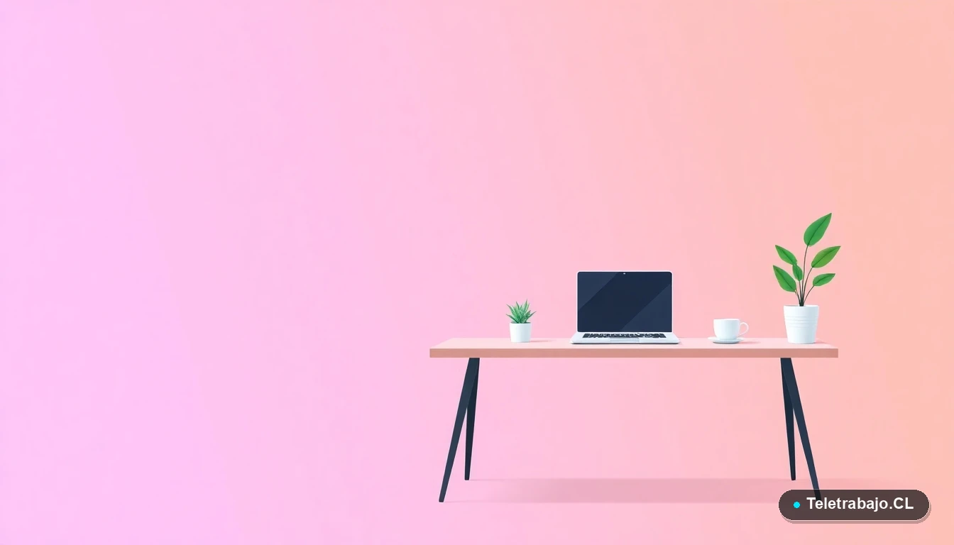 Escritorio moderno minimalista para teletrabajo, con laptop, café y planta. Ilustración vectorial plana con fondo degradado lavanda, concepto de espacio de trabajo ordenado.