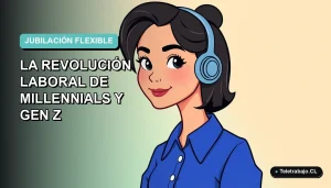 Ilustración vectorial plana de una mujer joven profesional con blusa azul, sonriendo, sobre un fondo degradado suave azul y verde. Espacio negativo a la izquierda.