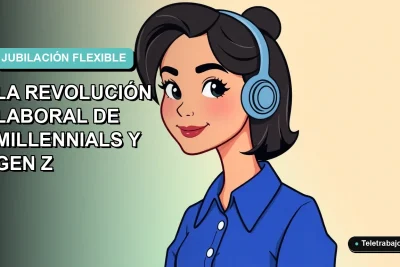 Ilustración vectorial plana de una mujer joven profesional con blusa azul, sonriendo, sobre un fondo degradado suave azul y verde. Espacio negativo a la izquierda.