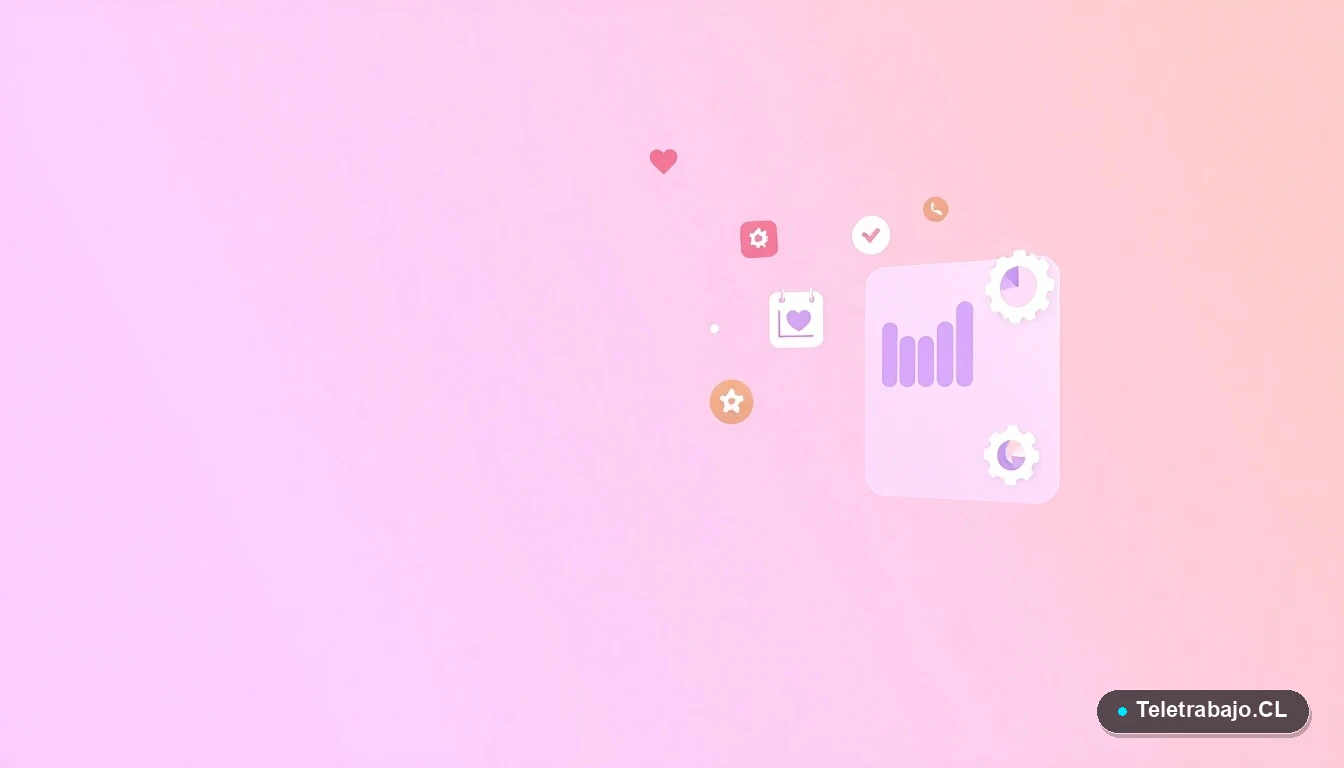 Ilustración abstracta de una interfaz de usuario tecnológica con gráficos y iconos flotantes en tonos lavanda y durazno, sobre un fondo degradado lila.