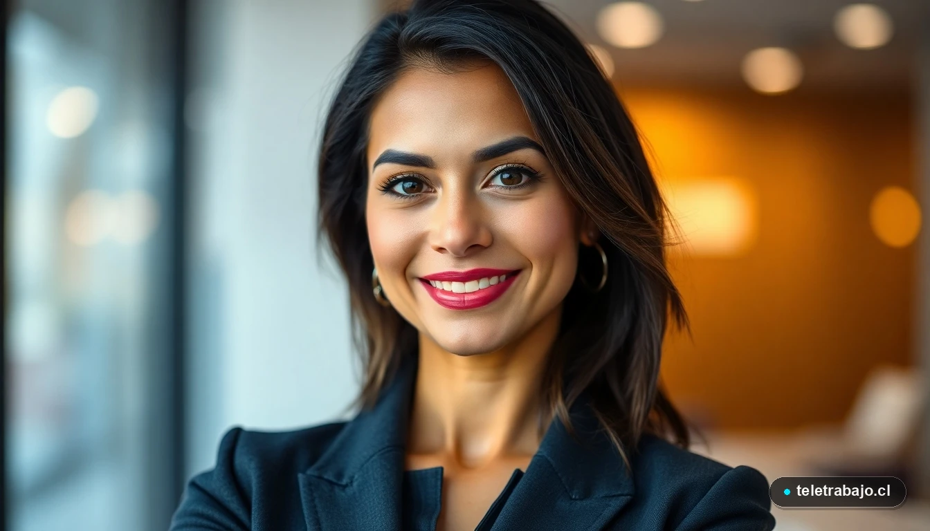 Primer plano de una ejecutiva hispana sonriente y confiada, con enfoque nítido en su rostro y hombros, en una oficina moderna desenfocada.