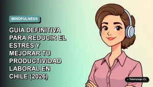 Ilustración plana vectorial de una mujer profesional chilena con expresión tranquila, sobre fondo degradado suave azul verdoso. Concepto de mindfulness laboral.