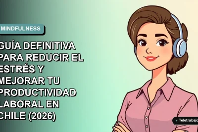 Ilustración plana vectorial de una mujer profesional chilena con expresión tranquila, sobre fondo degradado suave azul verdoso. Concepto de mindfulness laboral.