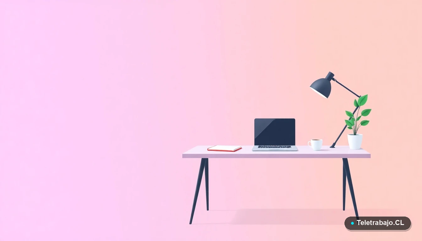 Escritorio moderno minimalista con laptop, cuaderno, taza de café y planta, ilustración plana vectorial sobre fondo degradado lavanda y durazno. Espacio de trabajo ordenado y productivo.