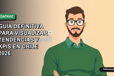 Ilustración vectorial plana de un trabajador remoto chileno junto a gráficos de Excel mostrando tendencias, fondo degradado verde.