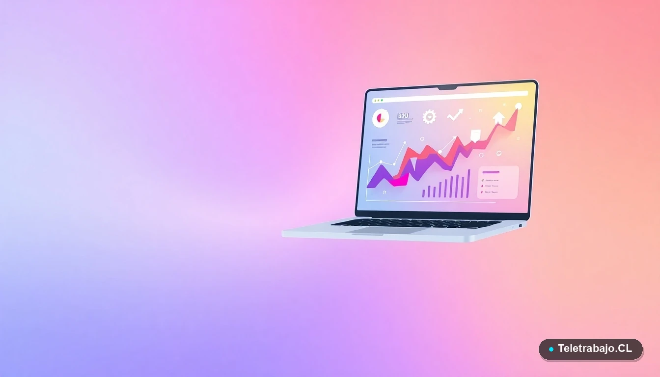 Interfaz de usuario abstracta con gráficos de Excel, iconos de carpetas y engranajes flotantes, sobre fondo degradado lavanda, representando visualización de datos.