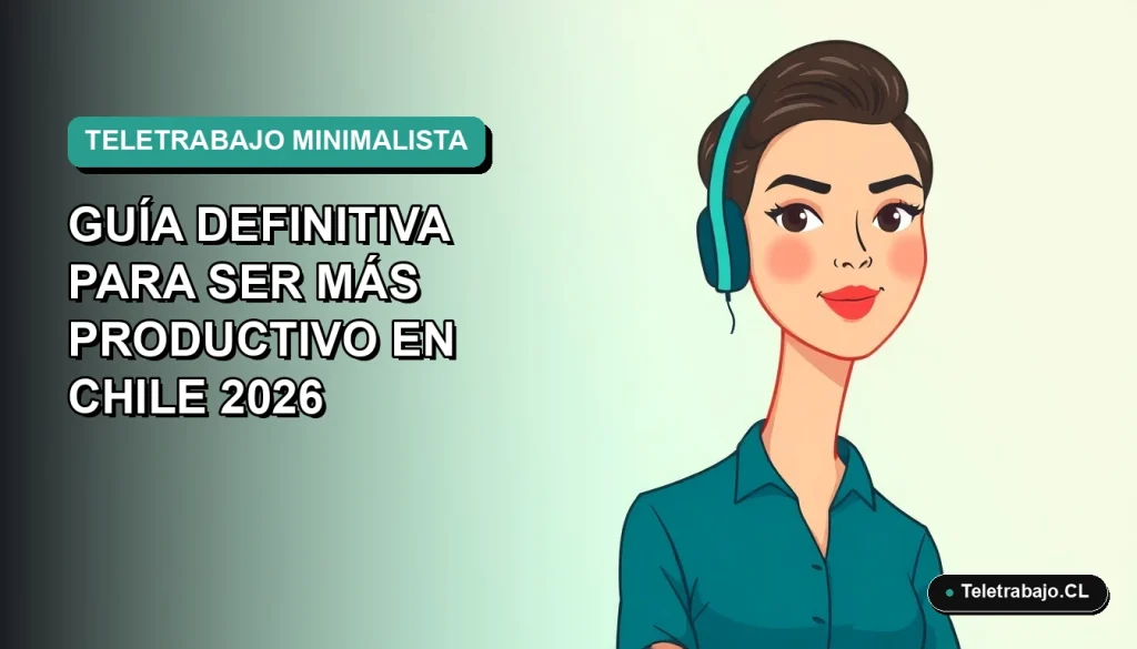 Ilustración plana vectorial de una mujer chilena teletrabajando con estilo minimalista, fondo degradado suave, concepto de productividad 2026.