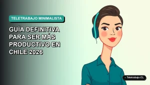 Ilustración plana vectorial de una mujer chilena teletrabajando con estilo minimalista, fondo degradado suave, concepto de productividad 2026.