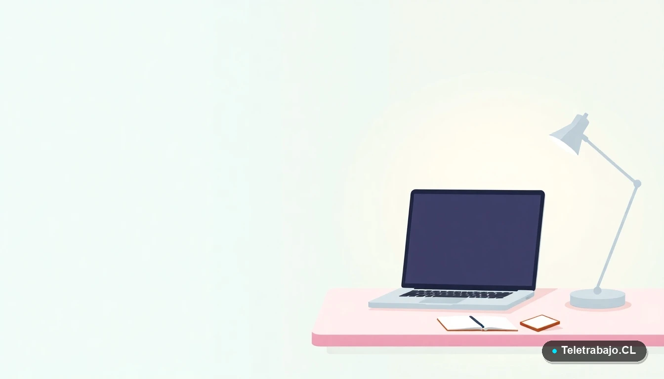 Escritorio minimalista moderno para teletrabajo con laptop y planta, ilustración vectorial plana sobre fondo degradado, concepto de espacio de trabajo ordenado.
