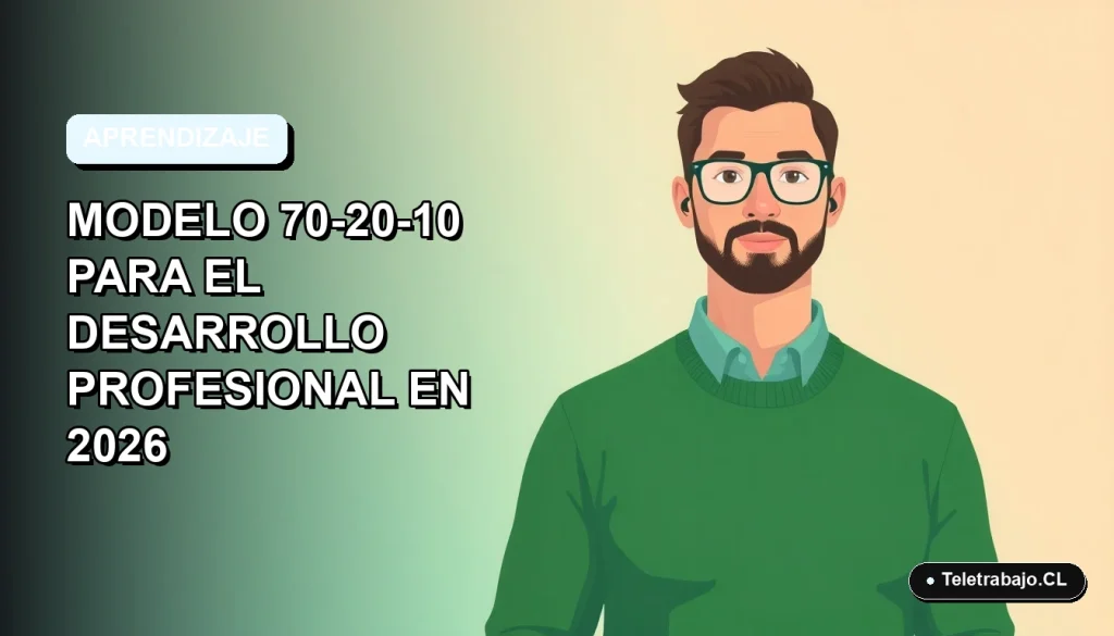 Ilustración plana corporativa del modelo 70-20-10 para el desarrollo profesional, con un trabajador de tecnología remota en el borde derecho.