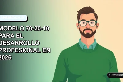 Ilustración plana corporativa del modelo 70-20-10 para el desarrollo profesional, con un trabajador de tecnología remota en el borde derecho.