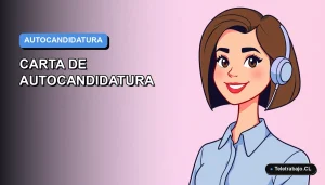Ilustración vectorial plana moderna de una mujer profesional chilena con blusa azul, representando la preparación de una carta de autocandidatura para procesos laborales 2026.