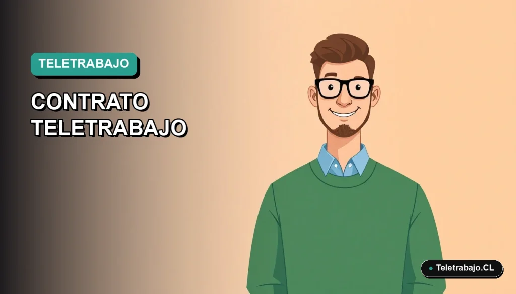 Ilustración vectorial plana de un profesional chileno trabajando remotamente, sobre un fondo degradado azul verdoso. Representa un modelo de contrato de teletrabajo.