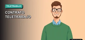 Ilustración vectorial plana de un profesional chileno trabajando remotamente, sobre un fondo degradado azul verdoso. Representa un modelo de contrato de teletrabajo.