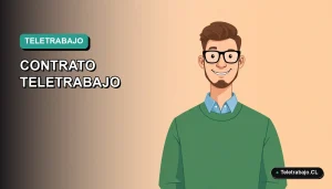 Ilustración vectorial plana de un profesional chileno trabajando remotamente, sobre un fondo degradado azul verdoso. Representa un modelo de contrato de teletrabajo.