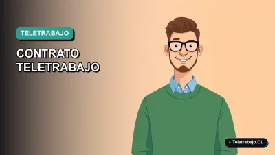 Ilustración vectorial plana de un profesional chileno trabajando remotamente, sobre un fondo degradado azul verdoso. Representa un modelo de contrato de teletrabajo.