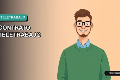 Ilustración vectorial plana de un profesional chileno trabajando remotamente, sobre un fondo degradado azul verdoso. Representa un modelo de contrato de teletrabajo.