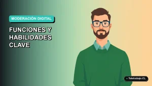 Ilustración plana vectorial de un moderador de contenidos hombre trabajando de forma remota, con fondo degradado suave.