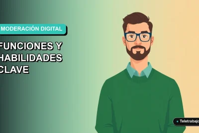 Ilustración plana vectorial de un moderador de contenidos hombre trabajando de forma remota, con fondo degradado suave.