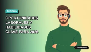 Ilustración vectorial plana de un trabajador masculino de turismo remoto, con suéter verde, frente a un fondo de gradiente suave. Representa la modernización del sector turístico en Chile.