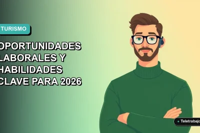 Ilustración vectorial plana de un trabajador masculino de turismo remoto, con suéter verde, frente a un fondo de gradiente suave. Representa la modernización del sector turístico en Chile.
