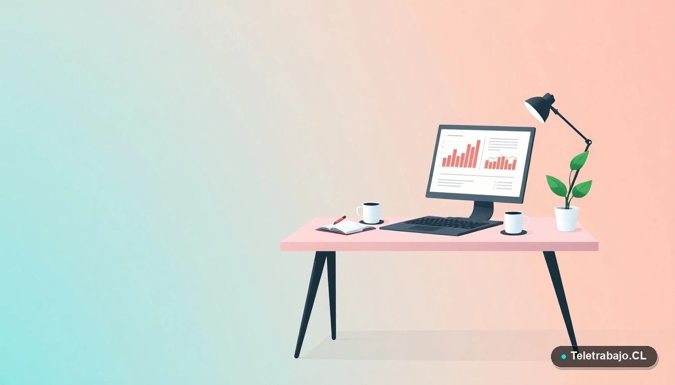 Escritorio moderno minimalista para trabajo remoto, con laptop, gráficos abstractos, café y una planta, sobre un fondo de gradiente color teal. Representa el entorno de trabajo digital en el turismo.