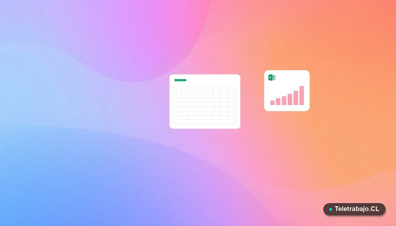 Ilustración abstracta de interfaz de usuario con gráficos y elementos de Excel flotantes, sobre un fondo con gradiente lavanda y durazno.