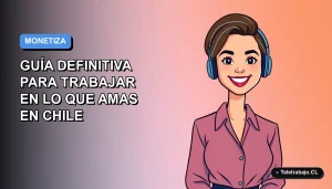 Ilustración vectorial plana de una mujer profesional chilena trabajando remotamente con una sonrisa, sobre un fondo degradado azul y lila. Estilo Corporate Memphis.