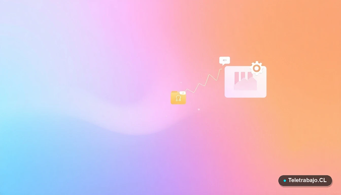 Ilustración abstracta de interfaz tecnológica con gráficos y iconos flotantes, sobre un fondo degradado suave de durazno y azul cielo. Estilo vectorial plano moderno.