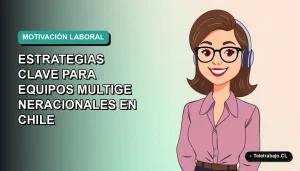 Ilustración vectorial plana de una trabajadora remota sonriente, con fondo degradado azul verdoso, representando la motivación laboral para equipos multigeneracionales en Chile 2026.