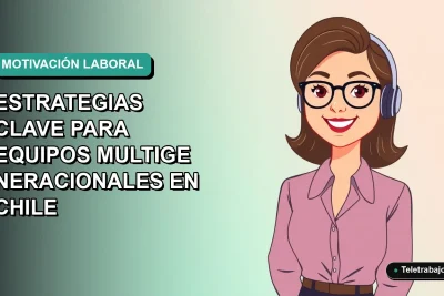 Ilustración vectorial plana de una trabajadora remota sonriente, con fondo degradado azul verdoso, representando la motivación laboral para equipos multigeneracionales en Chile 2026.