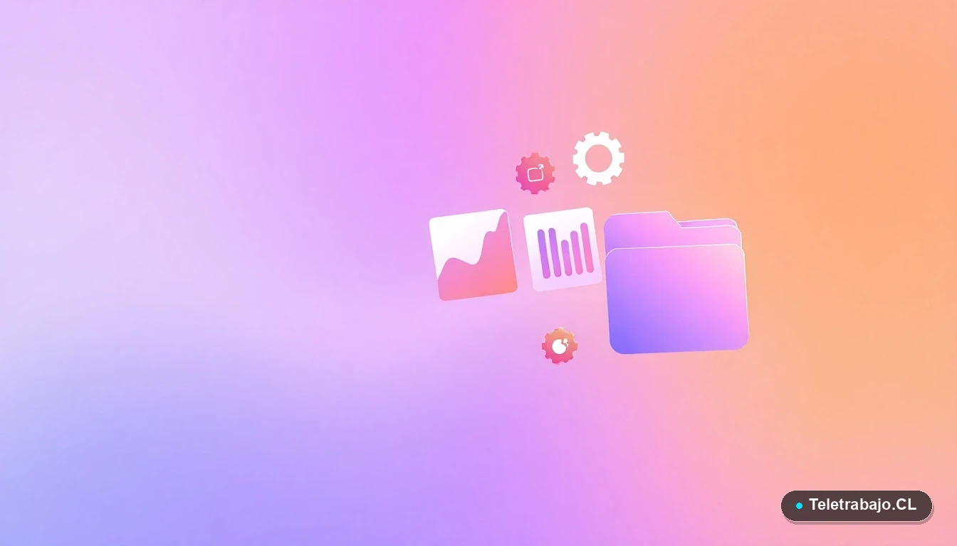 Composición abstracta de interfaz de usuario con gráficos y iconos flotantes en tonos lavanda y durazno, concepto de tecnología y estrategia para equipos.