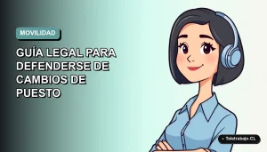 Ilustración plana corporativa de una trabajadora chilena con blusa azul y corte bob, sobre fondo degradado suave, representando consulta legal laboral.