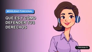 Ilustración plana corporativa de una mujer profesional de teletrabajo, sobre fondo degradado azul y lila. Concepto de movilidad funcional y derechos laborales.