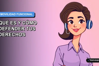 Ilustración plana corporativa de una mujer profesional de teletrabajo, sobre fondo degradado azul y lila. Concepto de movilidad funcional y derechos laborales.