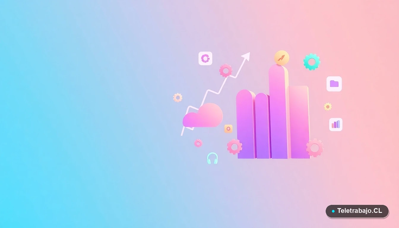 Composición abstracta de interfaz de usuario tecnológica con gráficos, engranajes y carpetas flotantes, sobre fondo degradado verde menta. Representación visual de conceptos de movilidad funcional y datos.