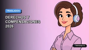 Ilustración vectorial plana de una mujer profesional trabajando de forma remota, con fondo degradado azul y naranja. Representa movilidad geográfica laboral.