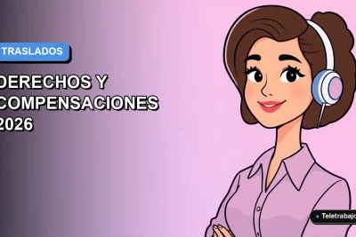 Ilustración vectorial plana de una mujer profesional trabajando de forma remota, con fondo degradado azul y naranja. Representa movilidad geográfica laboral.