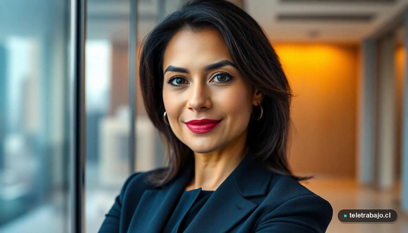 Ejecutiva hispana confiada en una oficina moderna, representando la movilidad geográfica profesional