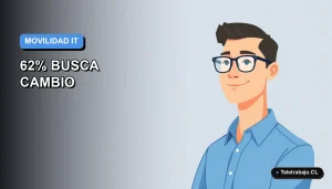 Ilustración plana corporativa de un trabajador de tecnología remoto con camisa azul, sobre fondo degradado azul y gris, representando la movilidad laboral en el sector IT.