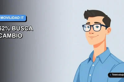 Ilustración plana corporativa de un trabajador de tecnología remoto con camisa azul, sobre fondo degradado azul y gris, representando la movilidad laboral en el sector IT.