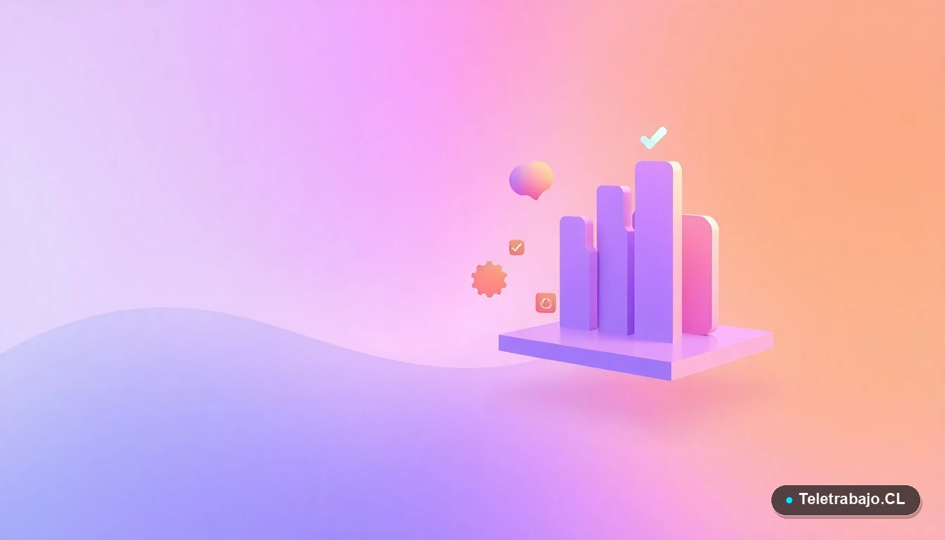 Elementos abstractos de interfaz de usuario tecnológica con gráficos y engranajes flotantes en colores lavanda y durazno, sobre fondo degradado lila y menta, concepto de datos y movilidad laboral IT.