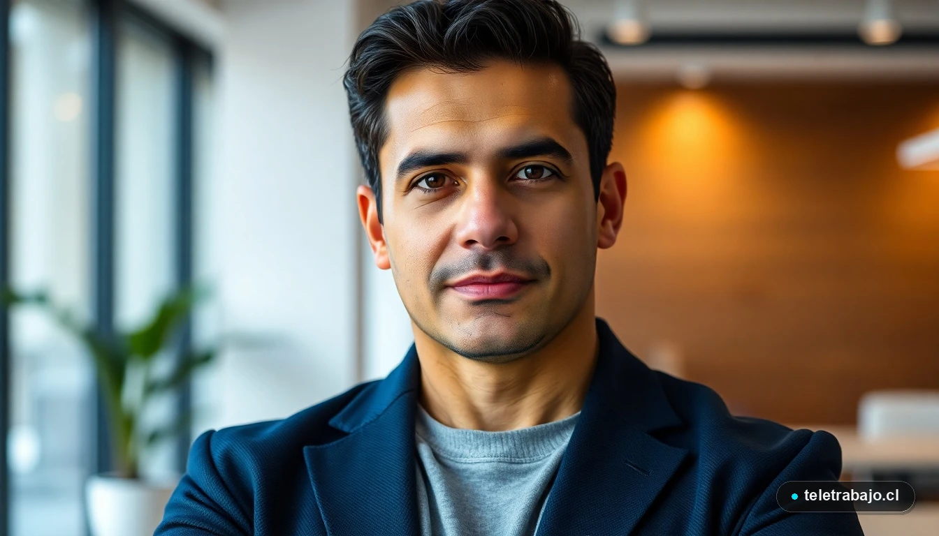 Primer plano de un profesional hispano del sector tecnológico con expresión decidida, en un entorno de oficina moderna desenfocada.