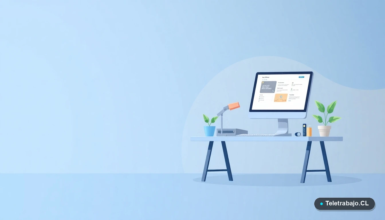 Estación de trabajo moderna en un almacén, con tablet y escáner de códigos de barras, ilustración plana vectorial sobre fondo degradado.